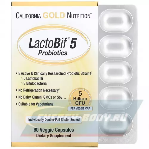  California Gold Nutrition LactoBif Probiotics 5 Billion 60 веган капсул