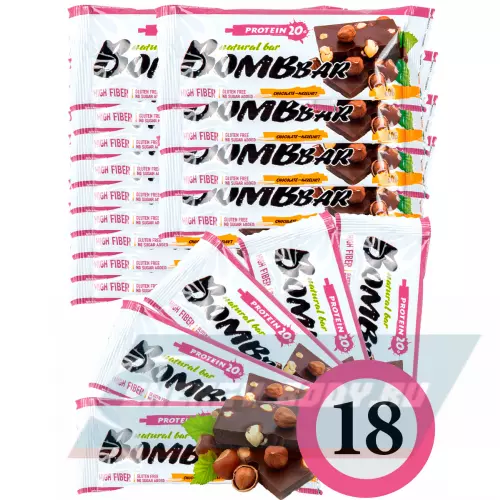 Батончик протеиновый Bombbar Protein Bar Шоколад - Фундук, 18 x 60 г