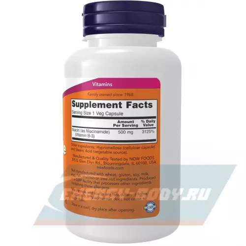  NOW FOODS Niacinamide 500 mg Витамин B3 100 веган капсул