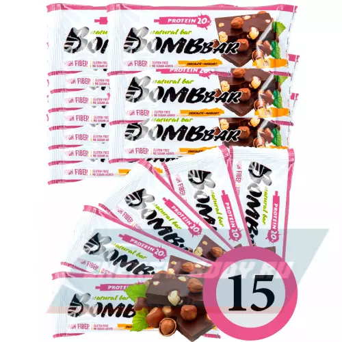 Батончик протеиновый Bombbar Protein Bar Шоколад - Фундук, 15 x 60 г