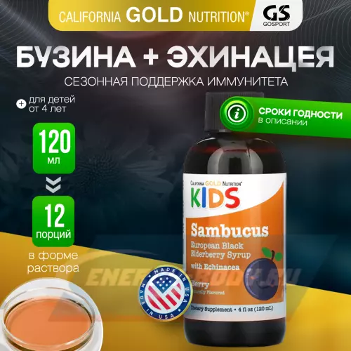  California Gold Nutrition Children Sambucus Elderberry Syrup, 4 fl oz (120 ml) Ягоды, 120 мл