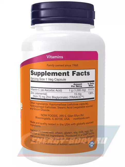  NOW FOODS C-1000 Zinc Immune 90 веган капсул