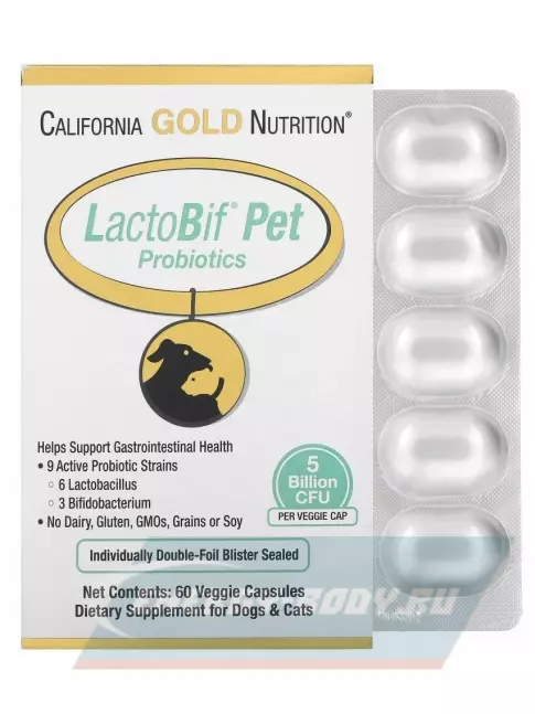  California Gold Nutrition LactoBif Pet Probiotics 5 Billion 60 вегетарианских капсул
