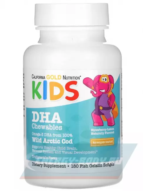 Omega 3 California Gold Nutrition Children's DHA Chewables Omega-3 180 жевательных таблеток, Клкбника-Лимон
