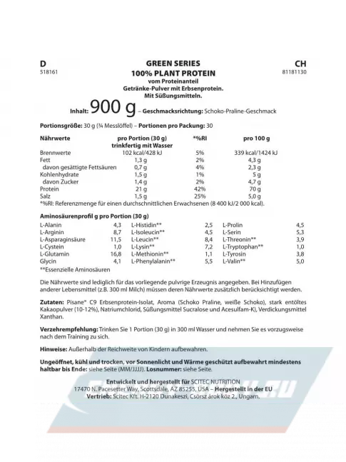  Scitec Nutrition 100% Plant Protein 900 г, Шоколадное пралине