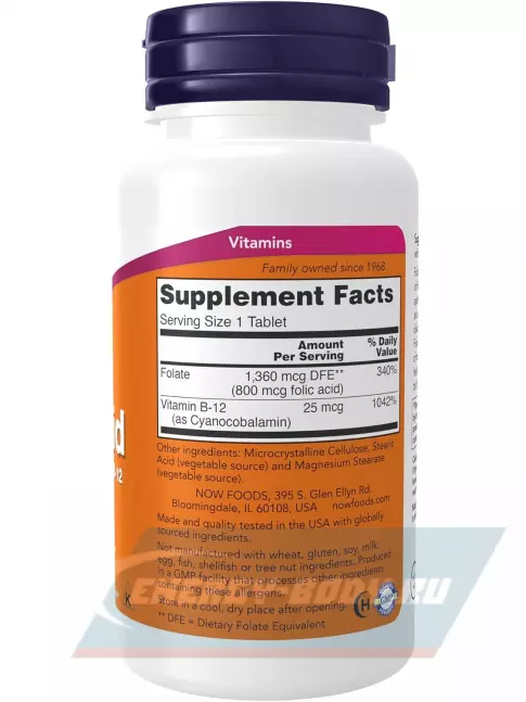  NOW FOODS Folic Acid 800 mcg + B-12 (Cyanocobalamin) 25 mcg 250 таблеток