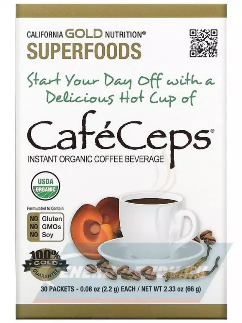 Энергетик California Gold Nutrition CafeCeps, Certified Organic Instant Coffee with Cordyceps 30 пакетиков х 2,2 г
