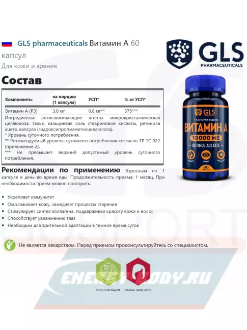  GLS pharmaceuticals Витамин A (ретинола ацетат) 10000 ME 60 капсул