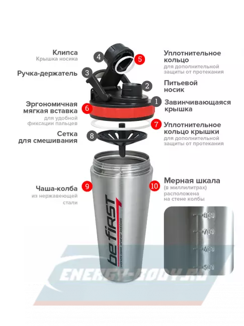 Be First Металлический шейкер 800 мл с одинарной стенкой и с сеткой (TS 11106-steel) 800 мл, Серебристый