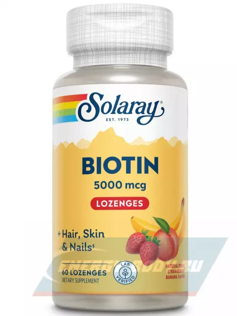  Solaray Biotin Lozenge 5000 mcg 60 конфет, Персик - Клубника - Банан