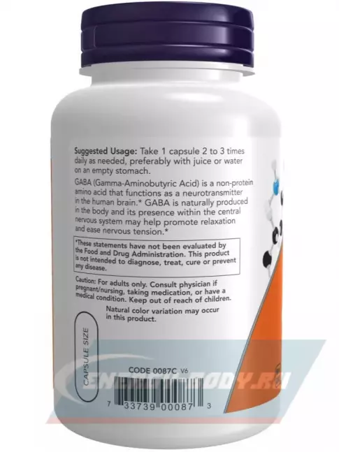  NOW FOODS GABA 500 mg with Vitamin B6 100 веган капсул