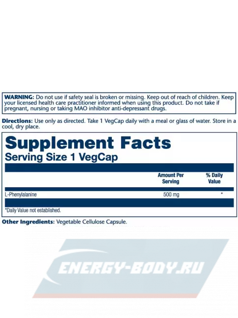 Аминокислотны Solaray L-Phenylalanine, Free Form 500 mg 60 веган капсул