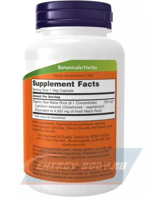  NOW FOODS Raw Maca 750 mg 90 веган капсул