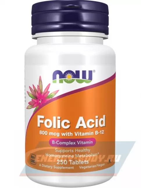 NOW FOODS Folic Acid 800 mcg + B-12 (Cyanocobalamin) 25 mcg 250 таблеток