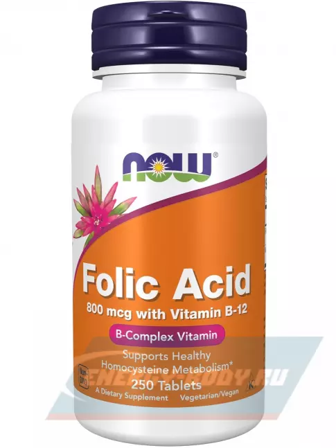  NOW FOODS Folic Acid 800 mcg + B-12 (Cyanocobalamin) 25 mcg 250 таблеток