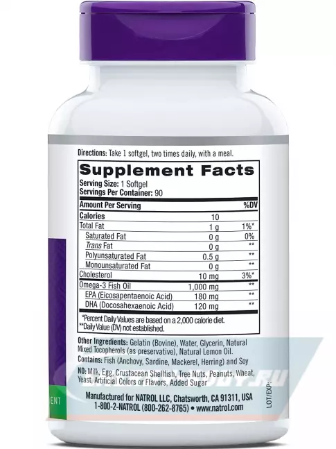 Omega 3 Natrol Omega-3 Fish Oil 1000mg 90 капсул, Лимон