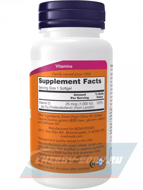  NOW FOODS Vitamin D3 1000 IU High Potency 180 гелевых капсул