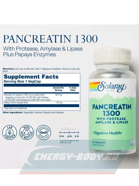  Solaray Solaray, Pancreatin 1300, 90 Capsules 90 вегетарианские капсулы
