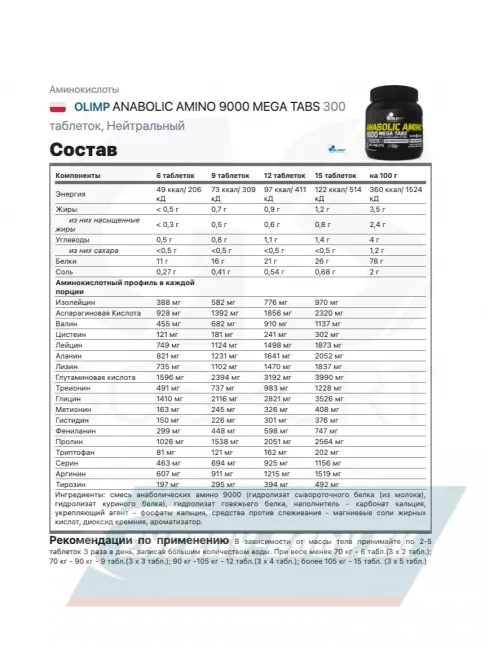 Аминокислотны OLIMP ANABOLIC AMINO 9000 MEGA TABS 300 таблеток, Нейтральный