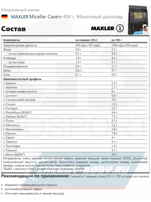  MAXLER Micellar Casein 450 г, Молочный шоколад