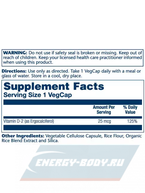  Solaray Vitamin D-2, Dry - 25mcg 60 веган капсул