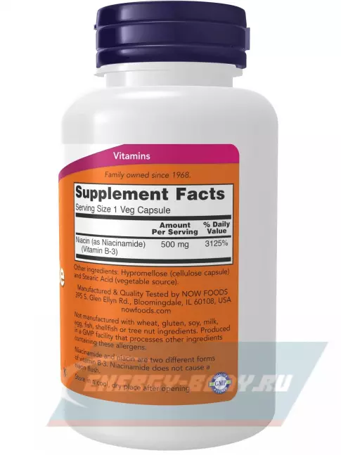  NOW FOODS Niacinamide 500 mg Витамин B3 100 веган капсул