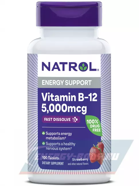  Natrol Vitamin B-12 5000 мкг F/D 100 таблеток, Клубника