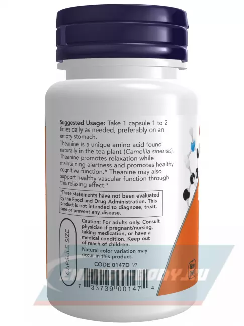 Аминокислотны NOW FOODS Double Strength L-Theanine 200 mg with Inositol 60 веган капсул