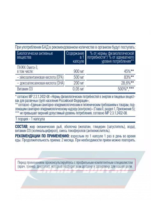 Omega 3 Be First Omega-3 900 mg + Vitamin D3 2000 IU 30 капсул