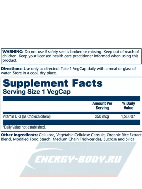  Solaray Super Strength Vitamin D-3 250 mcg 60 веган капсул