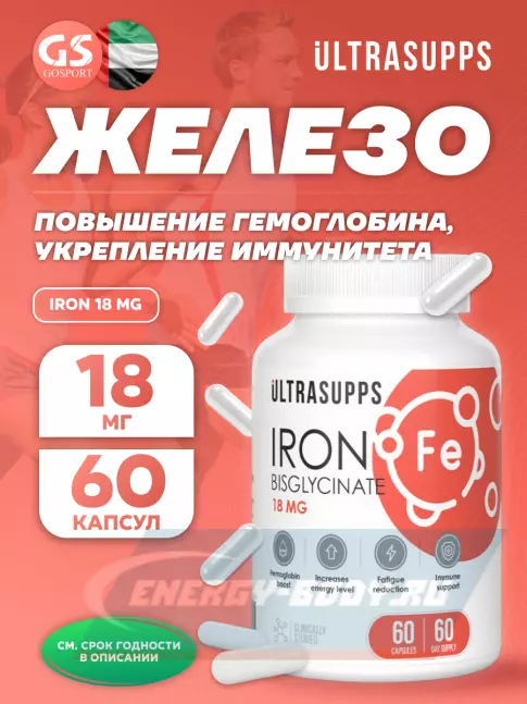Минералы UltraSupps Iron 18 mg 60 капсул