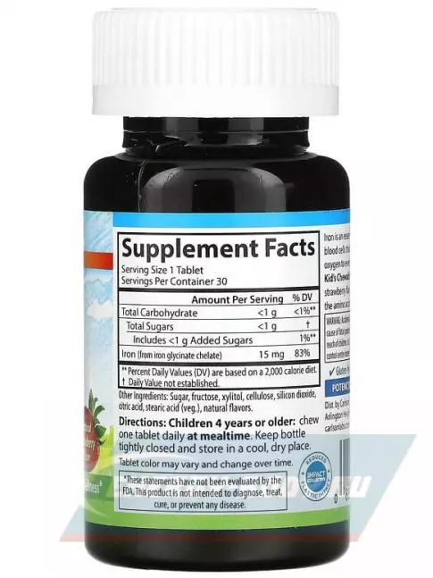  Carlson Labs Kids Chewable Iron 15 mg 30 таблеток, Клубника
