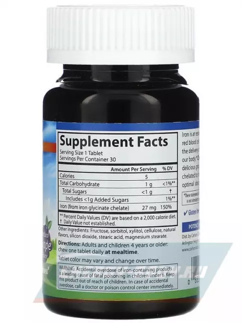 Минералы Carlson Labs Chewable Iron 30 таблеток, Виноград