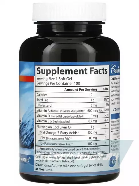 Omega 3 Carlson Labs Norw Cod Liver Oil 100 капсул