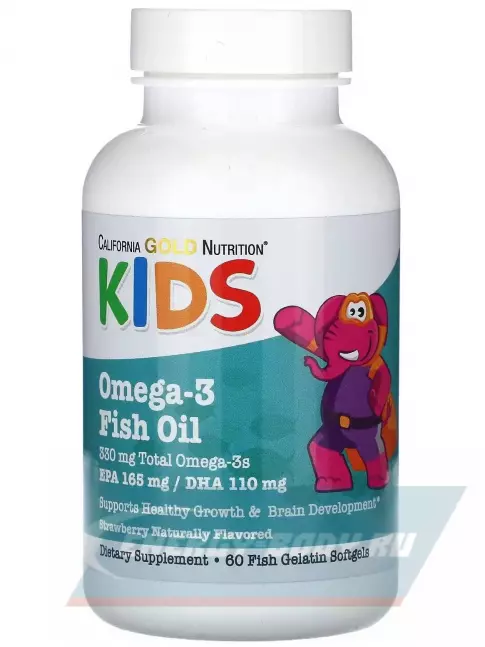 Omega 3 California Gold Nutrition Kid’s Omega-3 Fish Oil, Natural Strawberry Flavor 60 гелевые капсулы