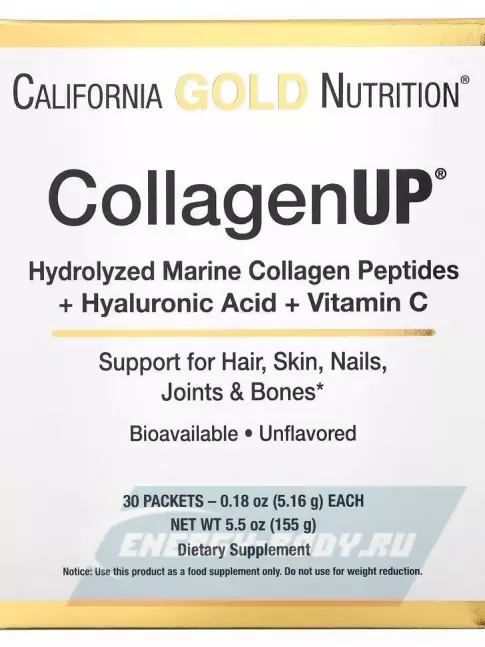 COLLAGEN California Gold Nutrition CollagenUP Marine Sourced Peptides + Hyaluronic Acid + Vitamin C 30 x 5.16 г, натуральный