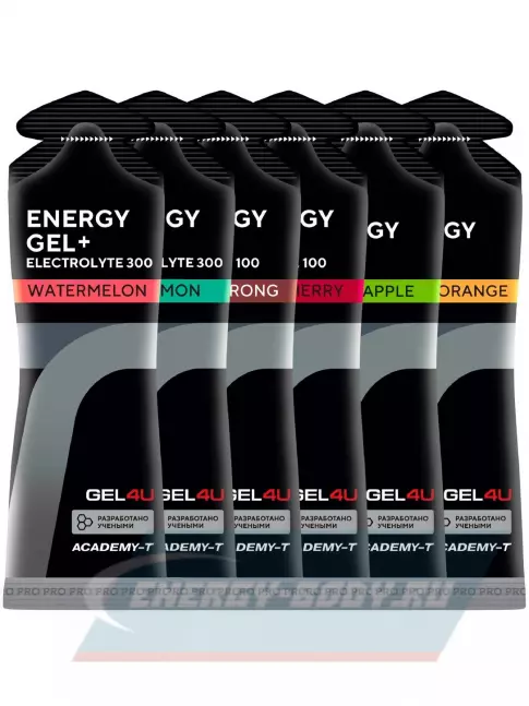 Энергетический гель GEL4U Energy Gel MIX 6 x 60 г, Апельсин, Яблоко, Лимон и Мята, Соленый Арбуз, Вишня, Кола