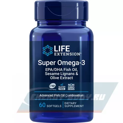 Omega 3 Life Extension Super Omega-3 EPA/DHA Fish Oil, Sesame Lignans & Olive Extract 60 капсул