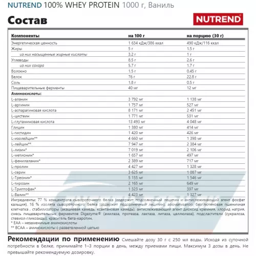  NUTREND 100% WHEY PROTEIN Ваниль, 1000 г