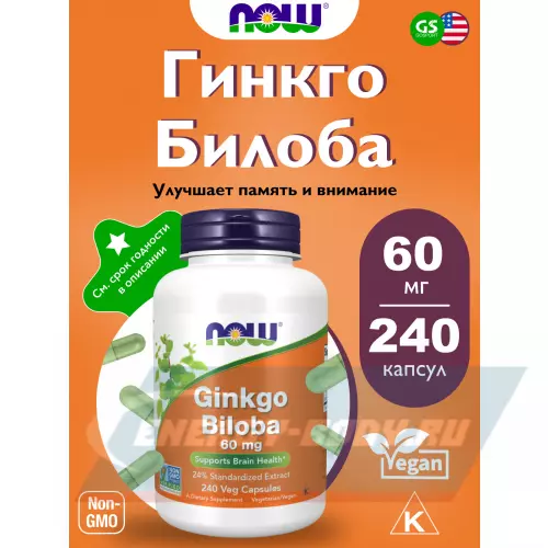  NOW FOODS Ginkgo Biloba 60 mg – Гинкго Билоба 240 веган капсул