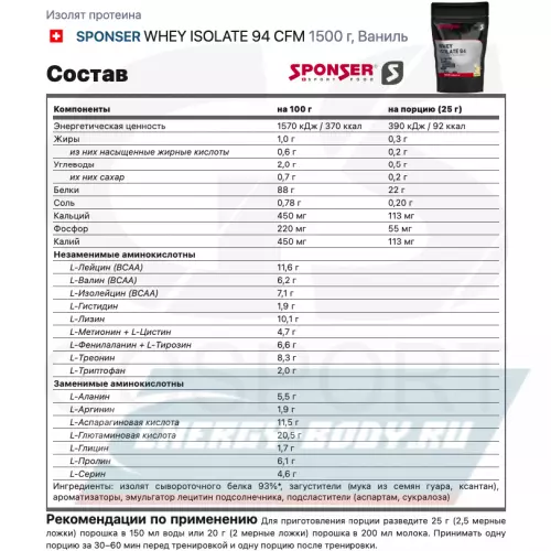  SPONSER WHEY ISOLATE 94 CFM Ваниль, 1500 г