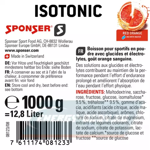 Изотоники в порошке SPONSER ISOTONIC 1000 г, Красный апельсин