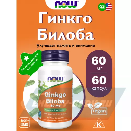  NOW FOODS Ginkgo Biloba 60 mg – Гинкго Билоба Нейтральный, 60 веган капсул