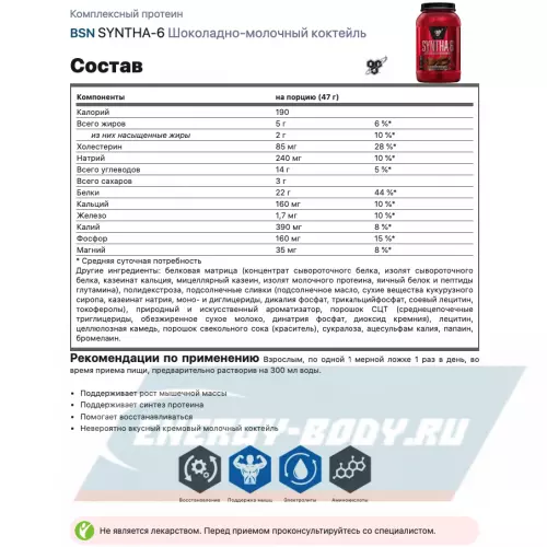  BSN SYNTHA-6 Шоколадно-молочный коктейль, 1320 г