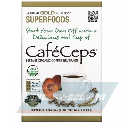 Энергетик California Gold Nutrition CafeCeps, Certified Organic Instant Coffee with Cordyceps 30 пакетиков х 2,2 г