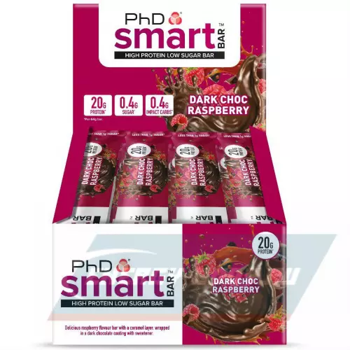 Батончик протеиновый PhD Nutrition Smart Bar Тёмный шоколад / Малина, 12 x 64 г