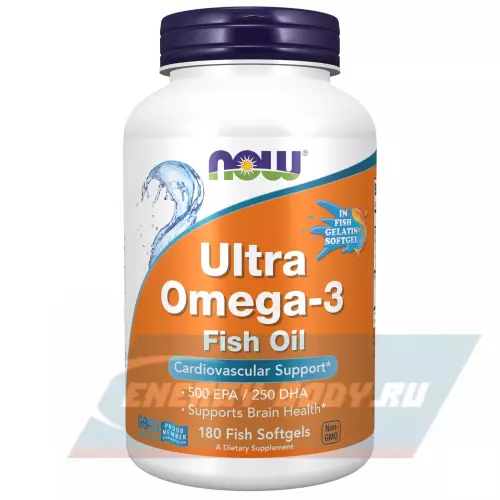 Omega 3 NOW FOODS Ultra Omega-3 Fish Oil 500 EPA / 250 DHA FISH GELATIN 180 гелевых капсул из рыбьего желатина