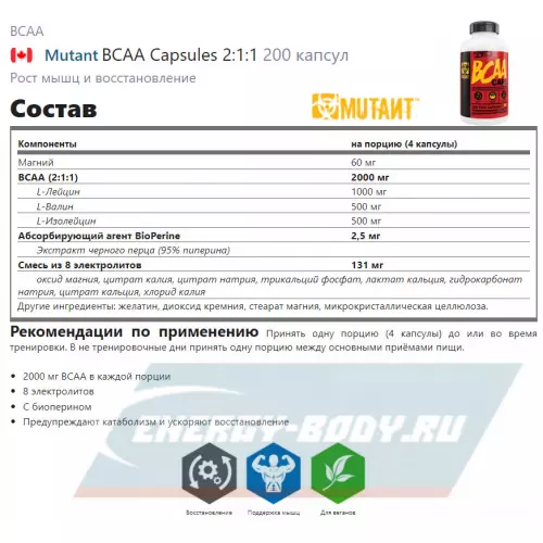 ВСАА Mutant BCAA Capsules 2:1:1 200 капсул