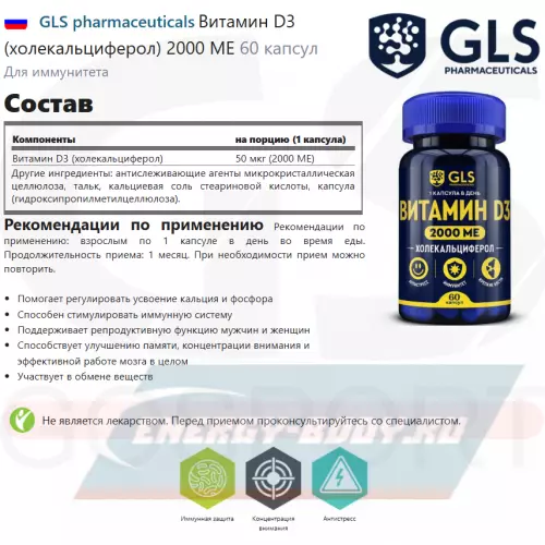  GLS pharmaceuticals Витамин D3 (холекальциферол) 2000 ME 60 капсул