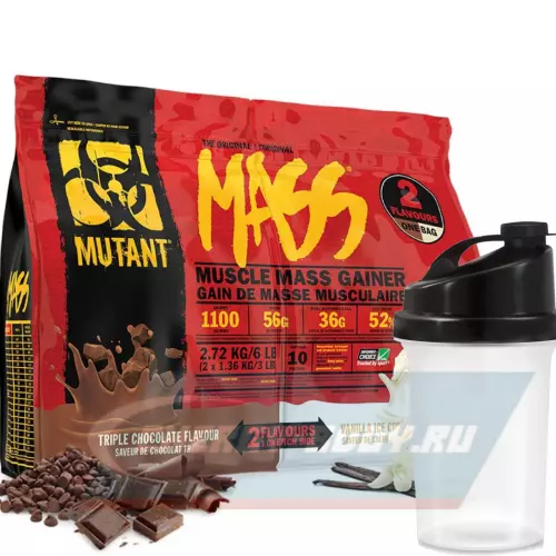 Гейнер Mutant Mass 6 lb Тройной шоколад & Ванильное мороженное, 2720 г + шейкер